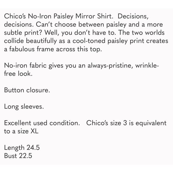 Chico’s No Iron Paisley Mirror Shirt Women’s Size XL 3 Button Front Colorful - Picture 9 of 11